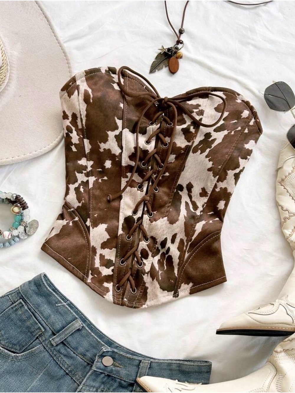 Lace-Up Cow Cowboy Cowgirl Animal Print Bustier Festival Top in Brown and White